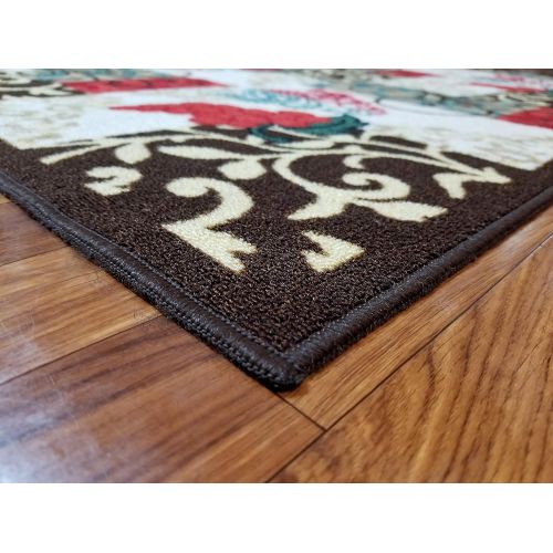  Gloria Low Profile Non Slip Area Rug  Carpet for Kitchen, Dining Room, Living Room Floor with Rubber Backing  Floor Mat Non-Skid Doormat  Washable Runner Mat (3 x 5) Brown Red Ivory Fl