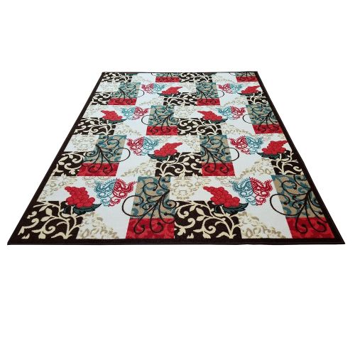  Gloria Low Profile Non Slip Area Rug  Carpet for Kitchen, Dining Room, Living Room Floor with Rubber Backing  Floor Mat Non-Skid Doormat  Washable Runner Mat (3 x 5) Brown Red Ivory Fl