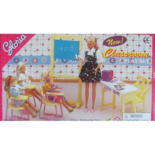  Gloria Dollhouse Furniture for Barbie Dolls - Classroom with Desk, Chairs Chalkboard