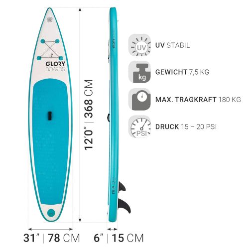  Glory Boards Stand up Paddling Board aufblasbar in Premium Qualitaet  Inflatable SUP bis 150kg Tragkraft - komplettes SUP Set inkl. Paddel, Pumpe, Rucksack - leichtes Stand up Paddle Board  St