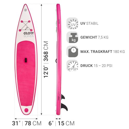  Glory Boards Stand up Paddling Board aufblasbar in Premium Qualitaet  Inflatable SUP bis 150kg Tragkraft - komplettes SUP Set inkl. Paddel, Pumpe, Rucksack - leichtes Stand up Paddle Board  St