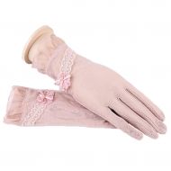Gloves Spring and Summer Short Sunscreen Female Thin Cute Bow Lace Driving Anti-UV Ice Silk (Color : Pink, Size : M)