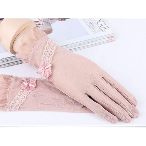  Gloves Spring and Summer Short Sunscreen Female Thin Cute Bow Lace Driving Anti-UV Ice Silk (Color : Pink, Size : M)