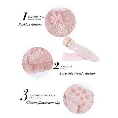  Gloves Spring and Summer Short Sunscreen Female Thin Cute Bow Lace Driving Anti-UV Ice Silk (Color : Pink, Size : M)