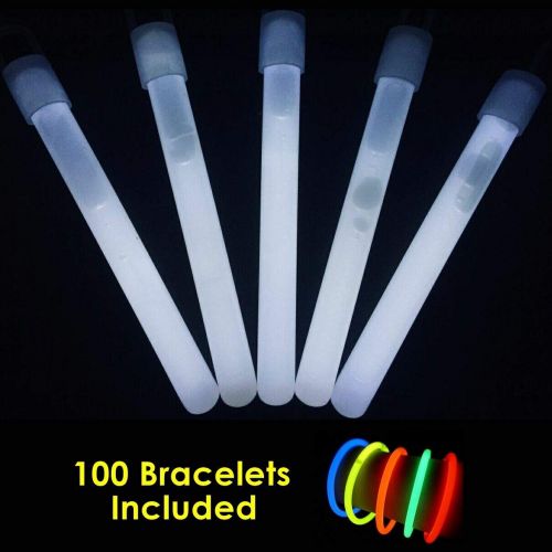  Glow With Us Glow Sticks Bulk Wholesale, 100 4” White Glow Stick Light Sticks+100 Free Glow Bracelets! Bright Color, Kids Love Them! Glow 8-12 Hrs, 2-Year Shelf Life, Sturdy Packag