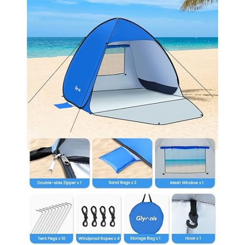  Glymnis Pop Up Beach Tent Instant Portable Sun Shade Shelter (S) 1-2 Persons UPF 50+ with Extendable Floor Zipper Door Automatic Easy Up Tent