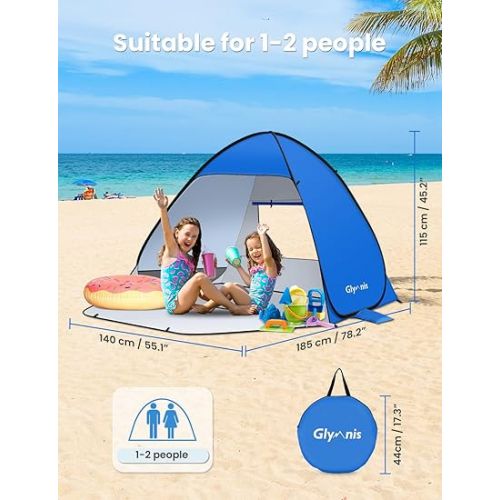  Glymnis Pop Up Beach Tent Instant Portable Sun Shade Shelter (S) 1-2 Persons UPF 50+ with Extendable Floor Zipper Door Automatic Easy Up Tent