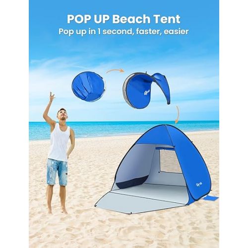  Glymnis Pop Up Beach Tent Beach Shade Tent for 1-4 Persons Sun Shelter UPF 50+ Enclose Zipper Door Portable Easy Up Beach Tent L (3-4 Person)