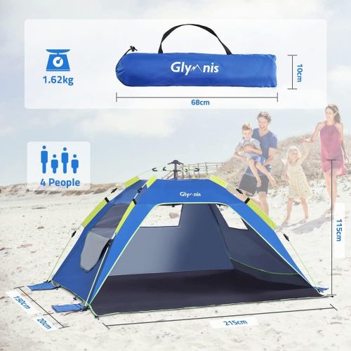  Glymnis Beach Tent Pop Up Shade Sun Shelter 3-4 Person with UPF 50+, Automatic Easy Up Sunshade Tent, 2 Ventilation Windows 2 Door Family Size Beach tent