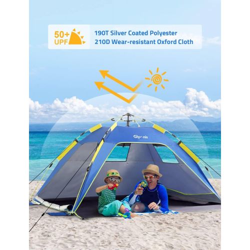  Glymnis Beach Tent Pop Up Shade Sun Shelter 3-4 Person with UPF 50+, Automatic Easy Up Sunshade Tent, 2 Ventilation Windows 2 Door Family Size Beach tent