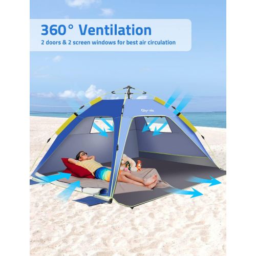  Glymnis Beach Tent Pop Up Shade Sun Shelter 3-4 Person with UPF 50+, Automatic Easy Up Sunshade Tent, 2 Ventilation Windows 2 Door Family Size Beach tent