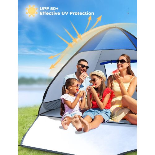  Glymnis Pop Up Beach Tent Instant Portable Sun Shade Shelter 3-4 Persons UPF 50+ with Extendable Floor Zipper Door Automatic Easy Up Tent