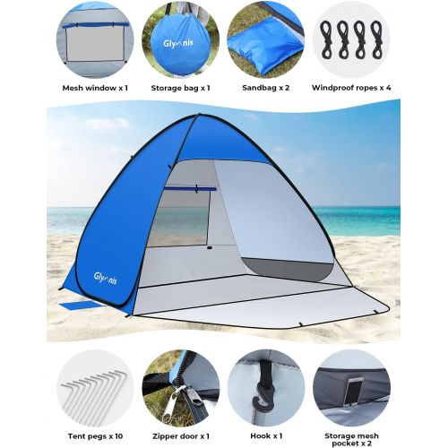  Glymnis Pop Up Beach Tent Instant Portable Sun Shade Shelter 3-4 Persons UPF 50+ with Extendable Floor Zipper Door Automatic Easy Up Tent