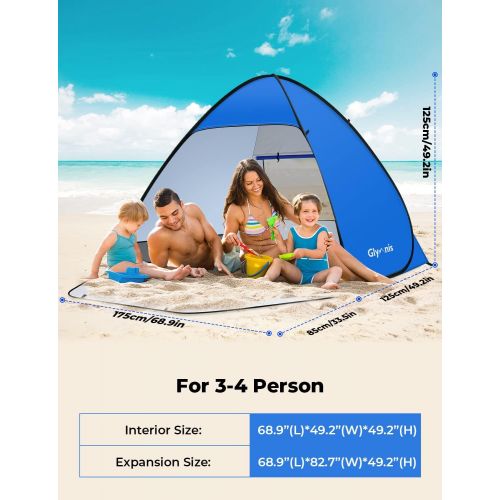  Glymnis Pop Up Beach Tent Instant Portable Sun Shade Shelter 3-4 Persons UPF 50+ with Extendable Floor Zipper Door Automatic Easy Up Tent