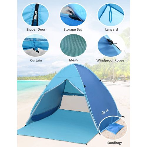  Glymnis Pop Up Beach Tent Sun Shelter, UPF 50+ Instant Portable Tent for 2-3 Persons Automatic Lightweight Zipper Door Family Beach Tent