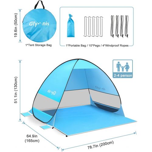  Glymnis Pop Up Beach Tent Beach Shade Sun Shelter for 2-3 Person Portable Tent with UPF 50+ for Outdoor Activities Beach Traveling Blue