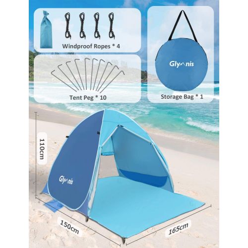  Glymnis Pop Up Beach Tent Sun Shelter, UPF 50+ Instant Portable Tent for 2-3 Persons Automatic Lightweight Zipper Door Family Beach Tent