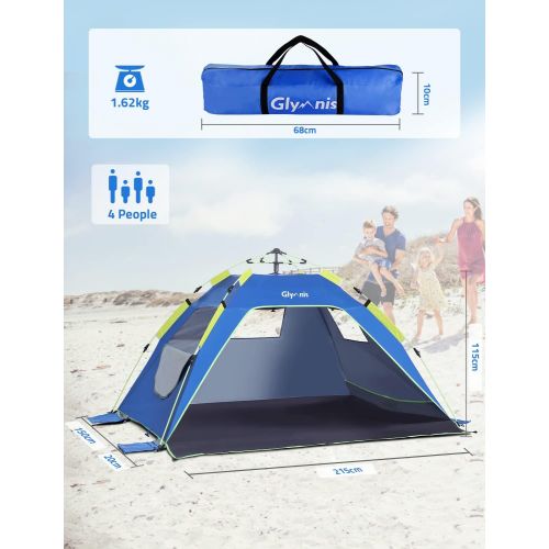  Glymnis Beach Tent Pop Up Shade Sun Shelter 3-4 Person with UPF 50+, Automatic Easy Up Sunshade Tent, 2 Ventilation Windows 2 Door Family Size Beach tent