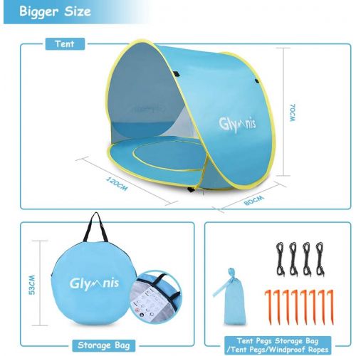  Glymnis Pop Up Baby Beach Tent Sun Shelter Portable Shade with Pool 50+ UPF UV Protection for Baby or Infant