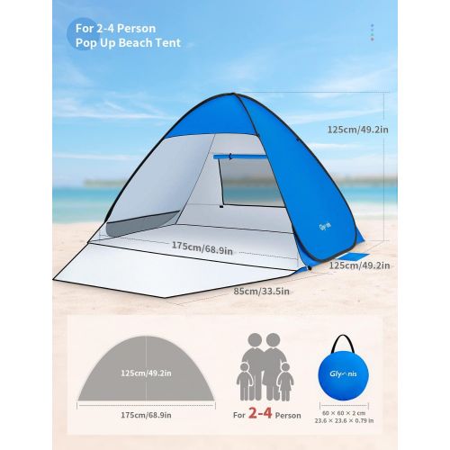  Glymnis Pop Up Beach Tent Instant Portable Sun Shade Shelter 3-4 Persons UPF 50+ with Extendable Floor Zipper Door Automatic Easy Up Tent