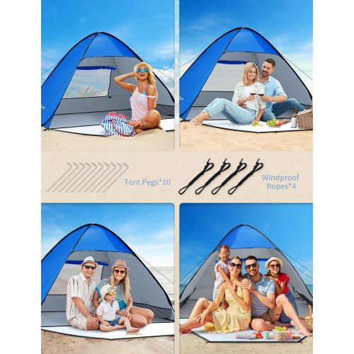  Glymnis Pop Up Beach Tent Instant Portable Sun Shade Shelter 3-4 Persons UPF 50+ with Extendable Floor Zipper Door Automatic Easy Up Tent