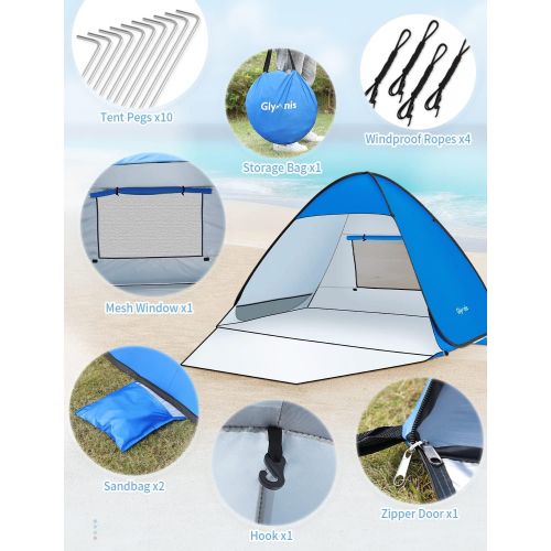  Glymnis Pop Up Beach Tent Instant Portable Sun Shade Shelter 3-4 Persons UPF 50+ with Extendable Floor Zipper Door Automatic Easy Up Tent