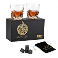 Gmark Twist Design Whiskey Glasses 10oz Set of 2, with 4 Granite Chilling Whisky Rocks Scotch Glasses Old Fashioned Whiskey Tumblers Gift Pack. Lead Free Crystal Clarity Glassware
