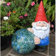 /GnomeShacks Garden Gnome Ceramic w OOAK blue green crystal gazing ball Orb Hand painted knomes for yard or homes