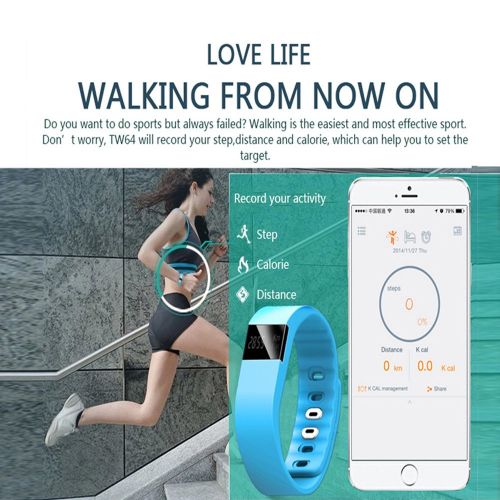  Go buy gobuy TW64Bluetooth V4.0Smart Watch Sport Wristband Fitnessraum Jogging Armband Erinnerung Schrittzahler Aktivitats-Tracker fuer iOS 6.1+ Version, Android 4.3+ Version