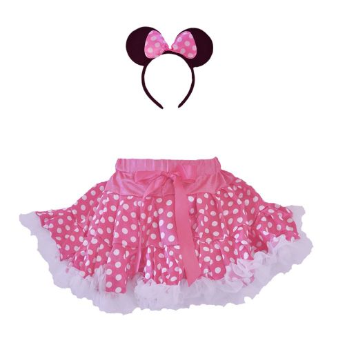  GoForDance Pink/White Girls Polka Dot Minni 2 Layer Skirt White Ruffle Trim w/Headband Set