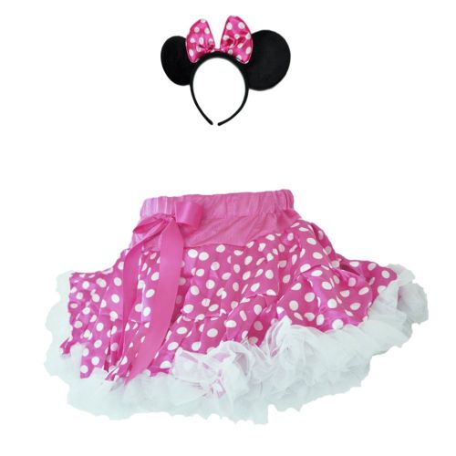  GoForDance Pink/White Girls Polka Dot Minni 2 Layer Skirt White Ruffle Trim w/Headband Set