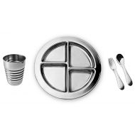 GoHappyPlate Plate Set (1 Plate, 1 Tumbler, 1 Spoon, 1 Fork) Stainless Steel Dinnerware for Kids, Perfect Compartments to serve Fruits, Grains, Protein & Vegetables.