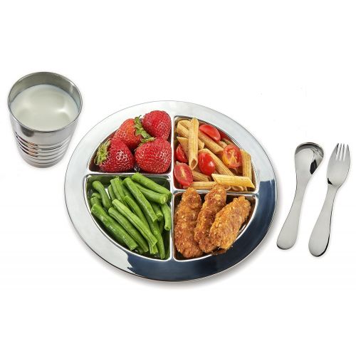  GoHappyPlate Plate Set (1 Plate, 1 Tumbler, 1 Spoon, 1 Fork) Stainless Steel Dinnerware for Kids, Perfect Compartments to serve Fruits, Grains, Protein & Vegetables.