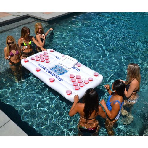  GoPong Original Pool Party Barge Floating Beer Pong Table with Cooler, White, 6-Feet, PB-01
