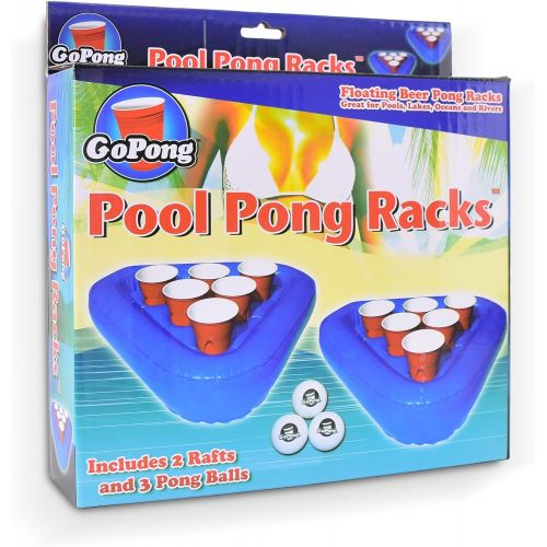  GoPong Pool Pong Rack Floating Beer Pong Set, Includes 2 Rafts and 3 Pong Balls, Blue