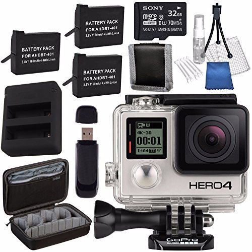 고프로 GoPro HERO4 Black + Rechargeable Battery + Dual Battery Charger + Sony 32GB microSDHC Card + Case for GoPro HERO4 and GoPro Accessories + Card Reader + Memory Card Wallet Bundle