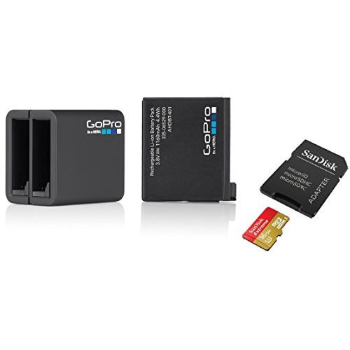 고프로 GoPro Genuine Original Accessory Bundle for HERO4 Black / HERO4 Silver. (OEM Packaging) Includes: Dual Battery Charger and Spare Battery. SanDisk Extreme 16GB MicroSDHC Memory Card