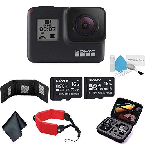 고프로 GoPro HERO7 (Black) Waterproof Digital Action Camera with Touch Screen 4K HD Video 12MP Photos Live Streaming Stabilization - Bundle with 2X 16GB Memory Cards + Floating Strap + Mo