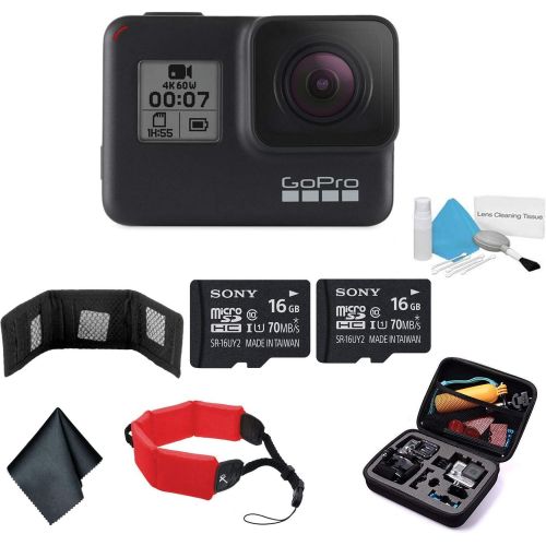 고프로 GoPro HERO7 (Black) Waterproof Digital Action Camera with Touch Screen 4K HD Video 12MP Photos Live Streaming Stabilization - Bundle with 2X 16GB Memory Cards + Floating Strap + Mo