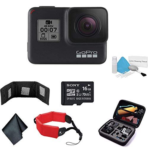 고프로 GoPro HERO7 (Black) Waterproof Digital Action Camera with Touch Screen 4K HD Video 12MP Photos Live Streaming Stabilization - Bundle with 16GB Memory Card + Floating Wrist Strap