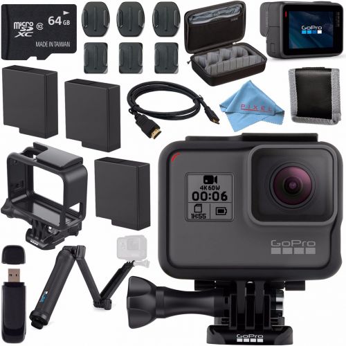 고프로 GoPro HERO6 Black CHDHX-601 + 64GB microSDXC + Battery for Gopro Hero + GoPro 3-Way + Micro HDMI Cable + Case for GoPro HERO4 and GoPro Accessories + Card Reader + Memory Card Wall