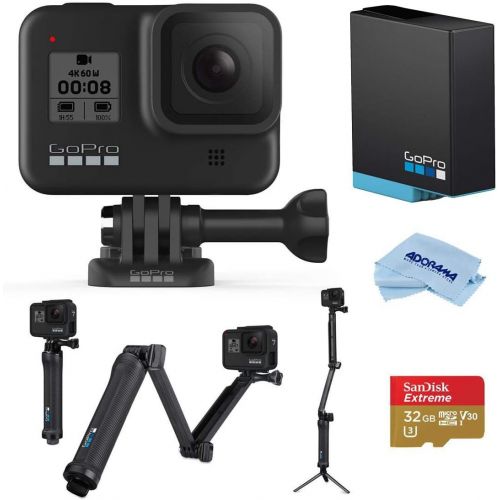 고프로 GoPro HERO8 Black, Waterproof Action Camera with Touch Screen 4K UHD Video 12MP Photos, Selfie Stick Bundle with GoPro 3-Way 3-in-1 Mount, Battery, 32GB microSD Card, Microfiber Cl