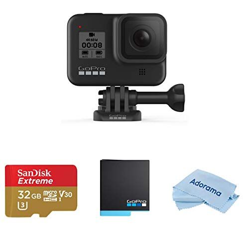 고프로 GoPro HERO8 Black, Waterproof Action Camera with Touch Screen 4K UHD Video 12MP Photos (CHDHX-801), Bundle with 2 Extra Batteries, 32GB microSD Card, Microfiber Cloth