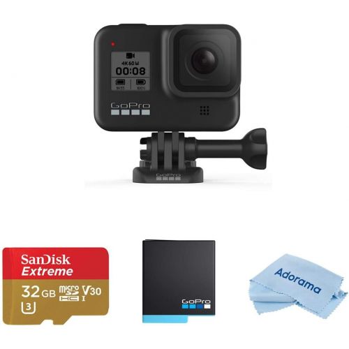고프로 GoPro HERO8 Black, Waterproof Action Camera with Touch Screen 4K UHD Video 12MP Photos (CHDHX-801), Bundle with 2 Extra Batteries, 32GB microSD Card, Microfiber Cloth