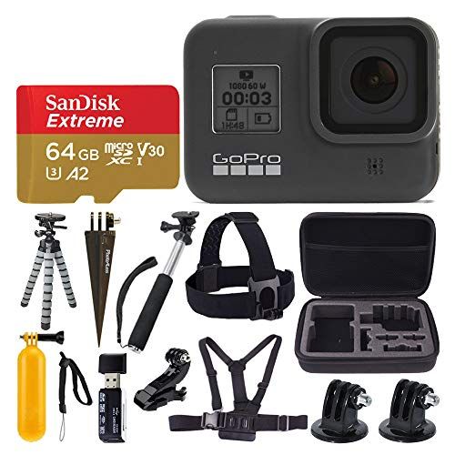 고프로 GoPro HERO8 Black Waterproof Action Camera w/Touch Screen 4K HD Video 12MP Photos + Sandisk Extreme 64GB Micro Memory Card + Hard Case + Head Strap + Chest Strap + Gopro Hero 8 - T