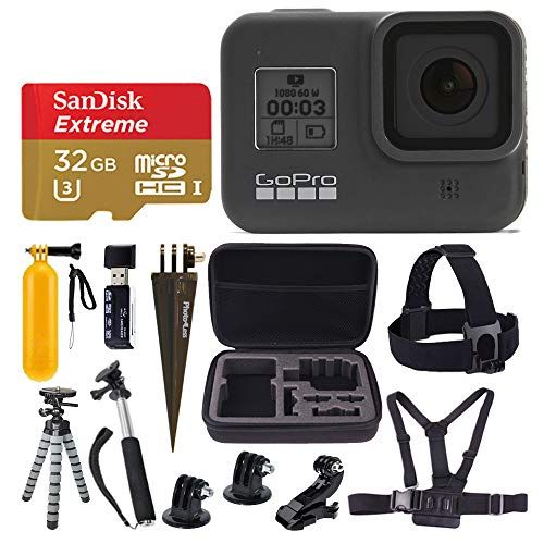 고프로 GoPro HERO8 Black Waterproof Action Camera with Touch Screen 4K HD Video 12MP Photos + Sandisk Extreme 32 GB Micro SD Memory Card + Hard Case + Gopro Hero 8 - Deluxe Accessory Bund