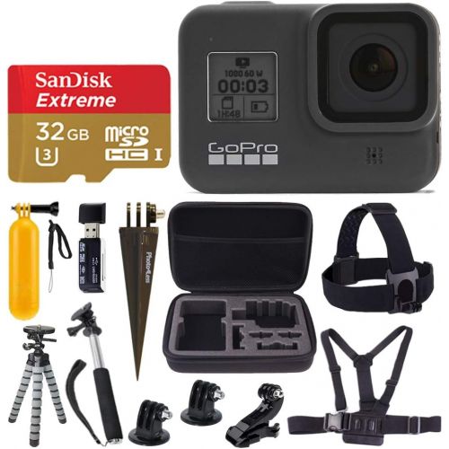 고프로 GoPro HERO8 Black Waterproof Action Camera with Touch Screen 4K HD Video 12MP Photos + Sandisk Extreme 32 GB Micro SD Memory Card + Hard Case + Gopro Hero 8 - Deluxe Accessory Bund