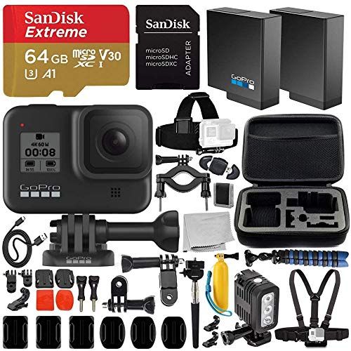 고프로 GoPro HERO8 Hero 8 Black Action Camera and Deluxe Accessory Bundle - Includes: SanDisk Extreme 64GB microSDHC Memory Card + Premium Hard Case + Underwater LED Light & Much More