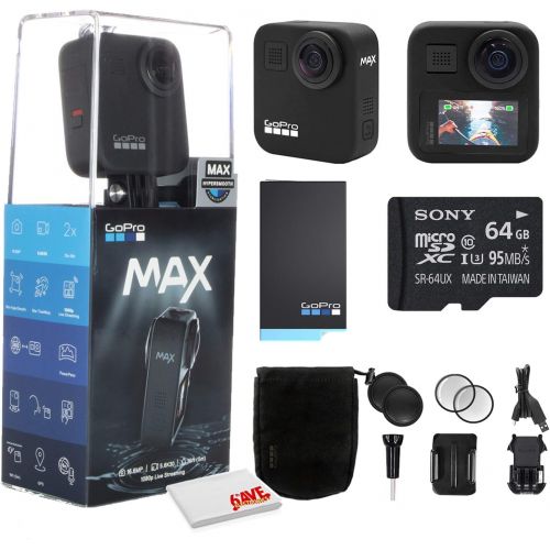 고프로 GoPro MAX 360 Waterproof Action Camera - Camera W/Touch Screen - Spherical 5.6K30 HD Video - 16.6MP 360 Photos - 1080p Live Streaming Stabilization - with Cleaning Set + 64GB Memor