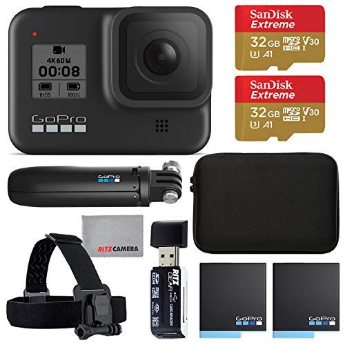 고프로 GoPro Hero 8 Action Camera with 2 Total Batteries, Two Sandisk 32GB Extreme MicroSD Cards, GoPro Shorty Tripod, Head Mount Strap, Camera Case, Card Reader and Cleaning Cloth